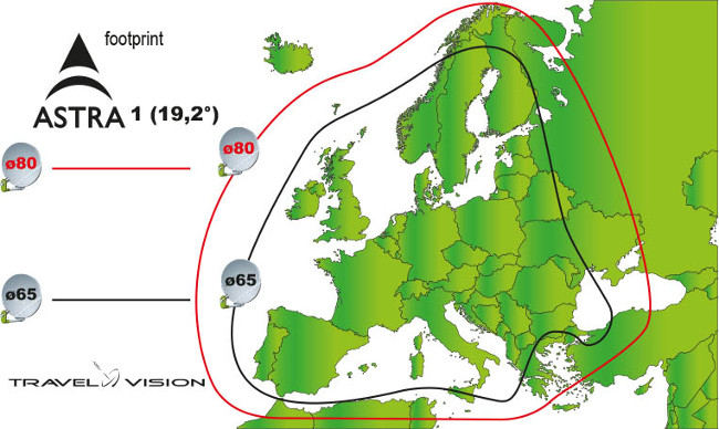 Bereik Travel Vision E Connect 65 / 85 - Astra 1 satelliet