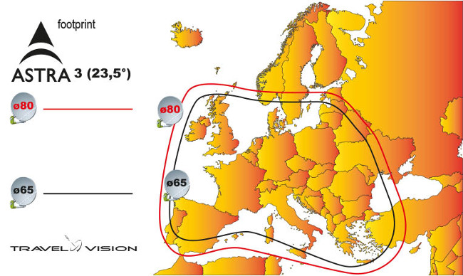 Bereik Travel Vision E Connect 65 / 85 - Astra 3 satelliet